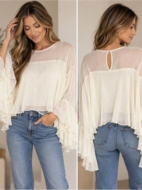 NWT Robert Rodriguez Jada Ivory Pleated Sheer Boho Flowy Semi Sheet Blouse M